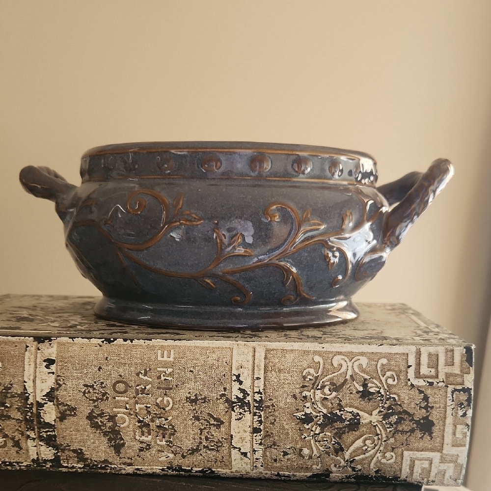 Artisan Ceramic Bowl with Handles - Blue and Brown